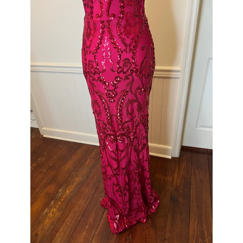 B. Darlin Red Sequin Halter Neck Formal Gown Damask Mermaid Maxi Dress Prom Gala - Picture 9 of 13